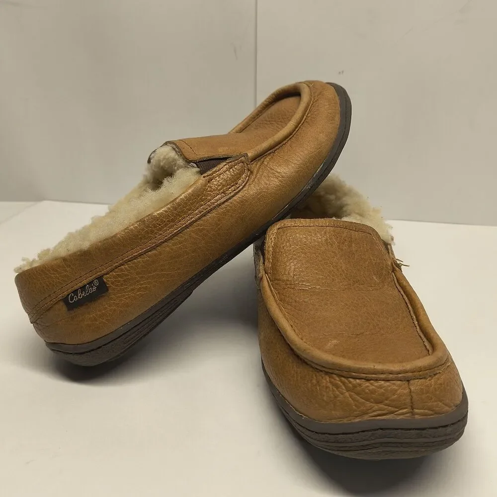 Cabelas Mens Size 8 Leather Shearling Lined Moccasin Slip On Comfort Shoes